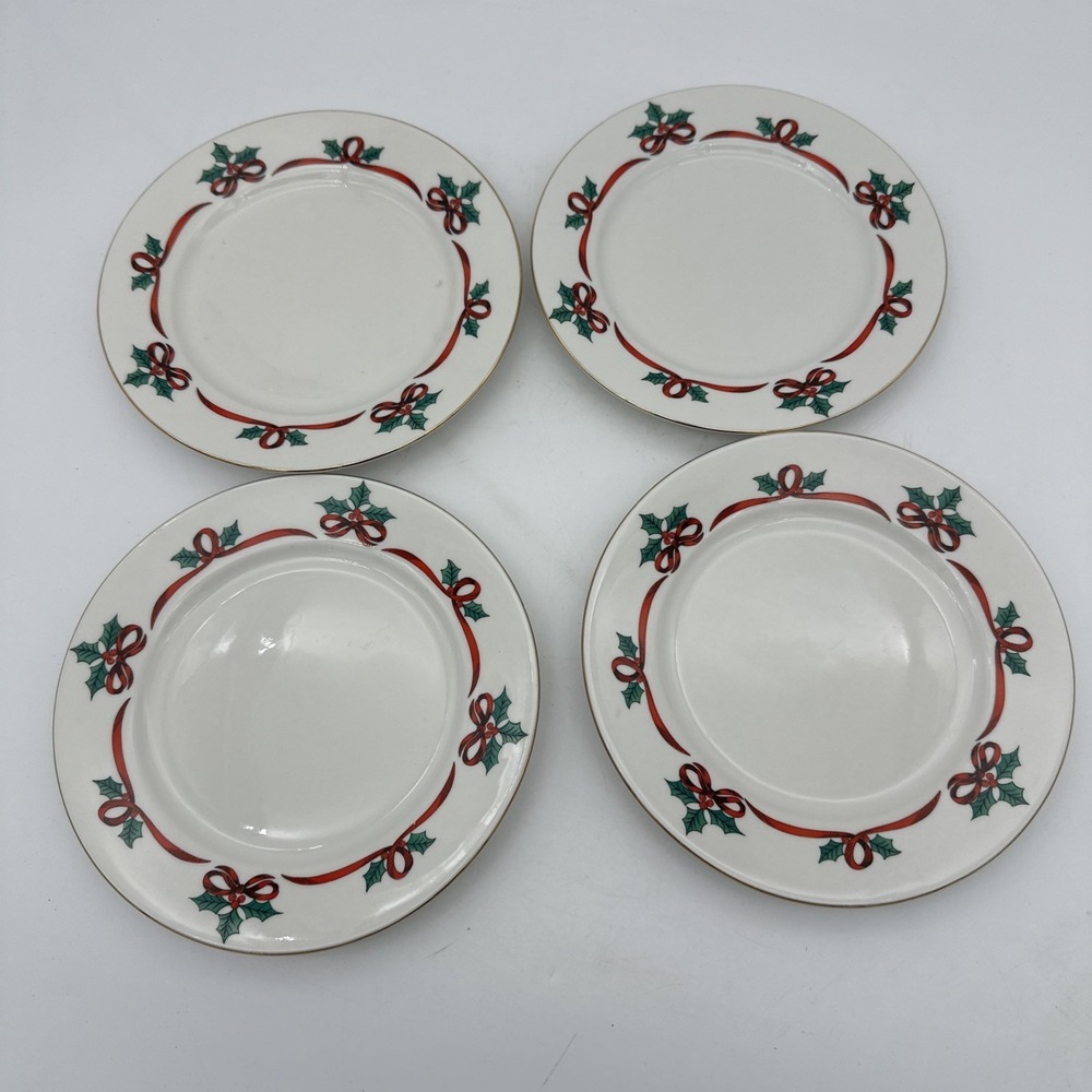 4 Jamestown China Salad Plates Christmas Ribbons Holly Gold Trim Set Dessert EUC